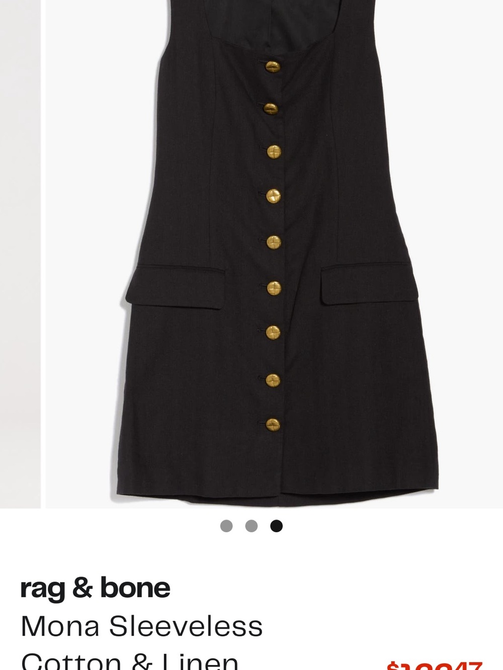 rag & bone Black Sleeveless Button-Front Shift Dress with Gold Buttons
